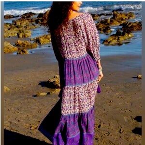 Natural Life Auguste Maxi Floral Boho Cottagecore Tassel Dress Purple XL NWT